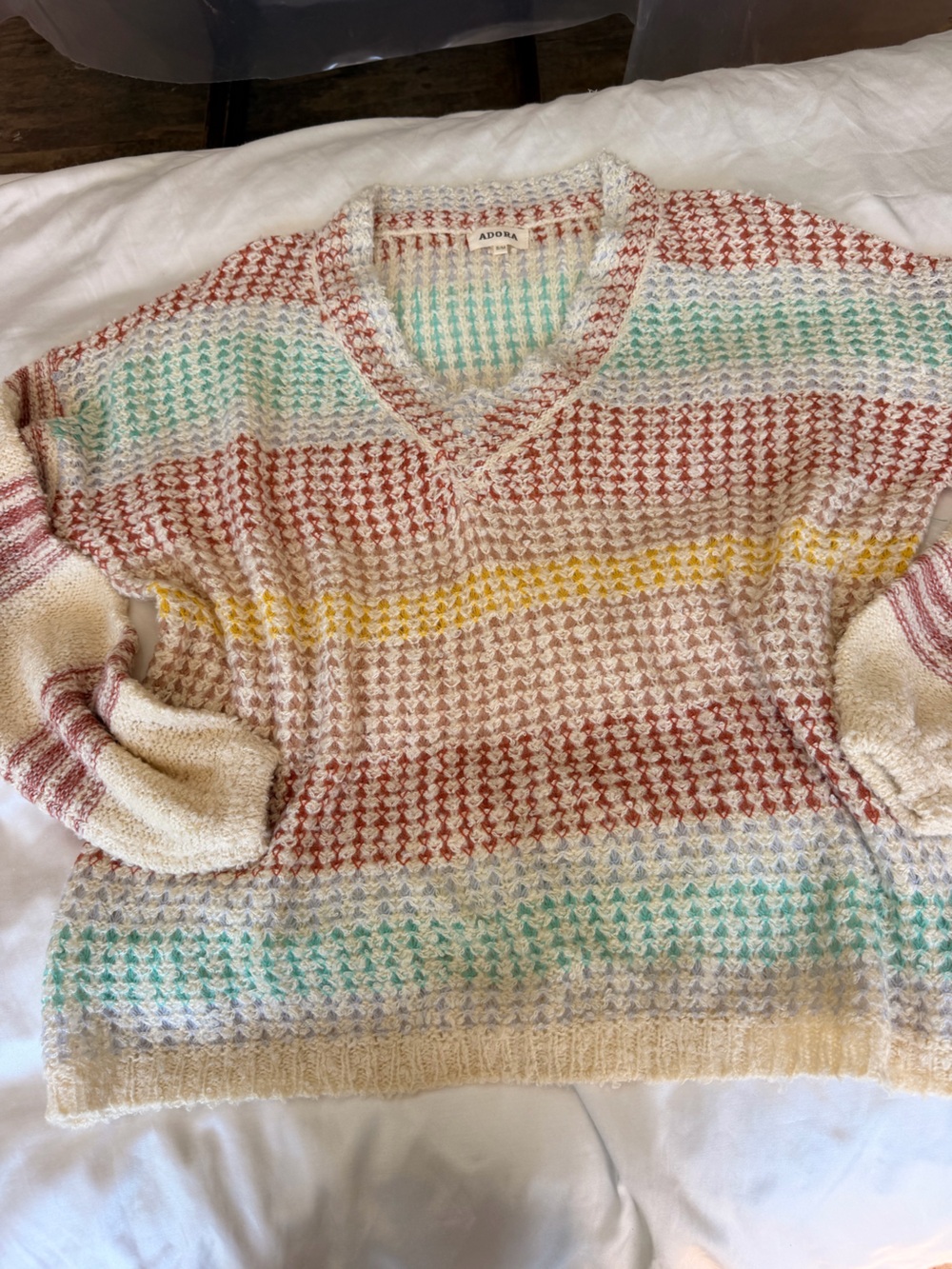 ADORA Cream Waffle-Knit V-Neck Sweater with Rust, Mint & Yellow Stripes S/M